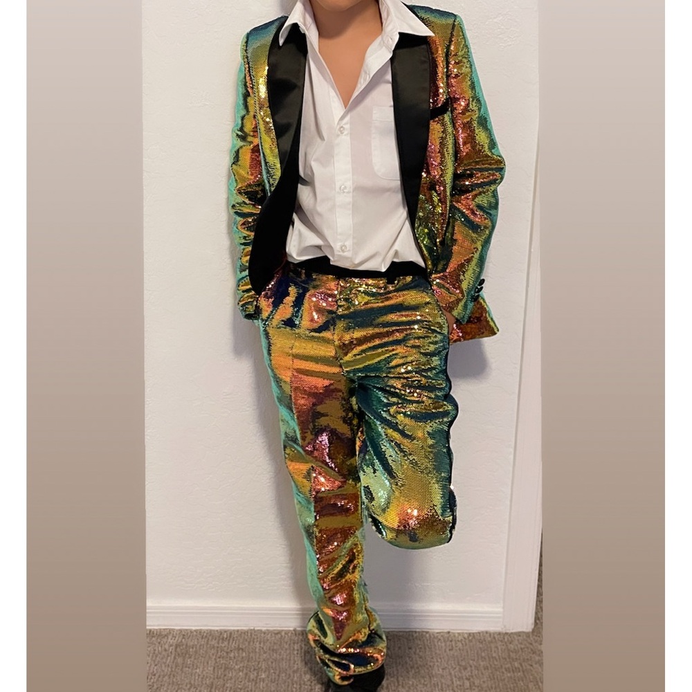 Kids Sequin Blazer and Pants Set - luxury Boys Rose Gold Sequin Suit chameleon